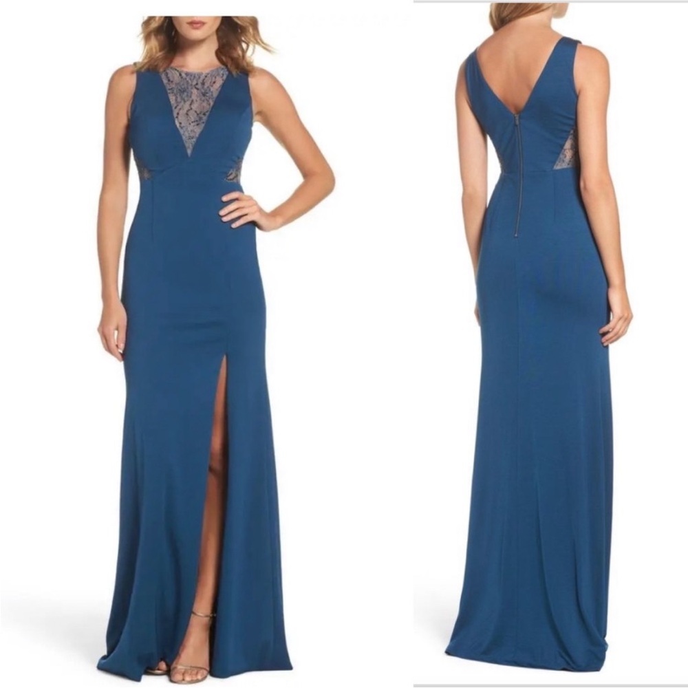 Adrianna Papell lace paneled teal slit front maxi dress size 8 wedding guest